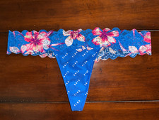 Victorias Secret PINK Thong Panties M Blue Tropical Hibiscus Floral Lace
