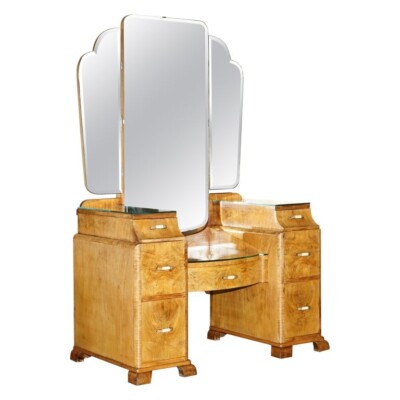 ANTIKER ART DECO SCHMINKTISCH UM 1930 SATIN NUSSBAUM + SPIEGEL TEIL DER SUITE