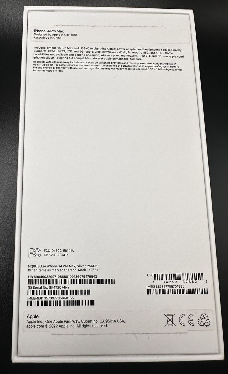 Apple OEM iPhone 14 Pro Max Empty Retail Box Factory Silver Apple OEM iPhone 14 Pro Max Empty Retail Box Factory Silver