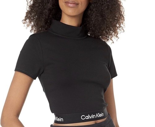 Calvin Klein Performance Damen Logo Elastic Mock Neck Top Gr. M Schwarz