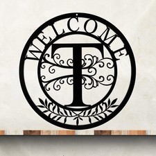 Initial Welcome Sign 12 Inch Metal Monogrammed Sign Farmhouse Front Door Porc...