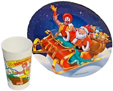 Vintage 80s McDonald’s HAPPY CUP & 1997 CHRISTMAS PLATE Ronald McDonald & Santa