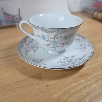 PHOEBE By Narumi Footed Cup & Saucer Set Discontinued Silver Trim Blue Flowers