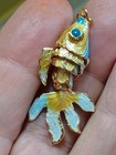 Vtg Small Painted Enamel Articulated KOI FISH Pendant Blue Cream Gold Tone — photo 1