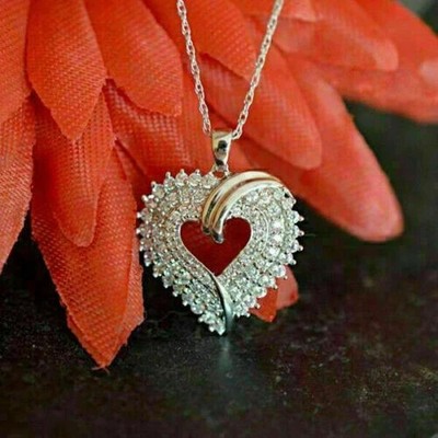 2Ct Round Created Diamond Cluster Heart Pendant 14K White Gold Over Free Chain