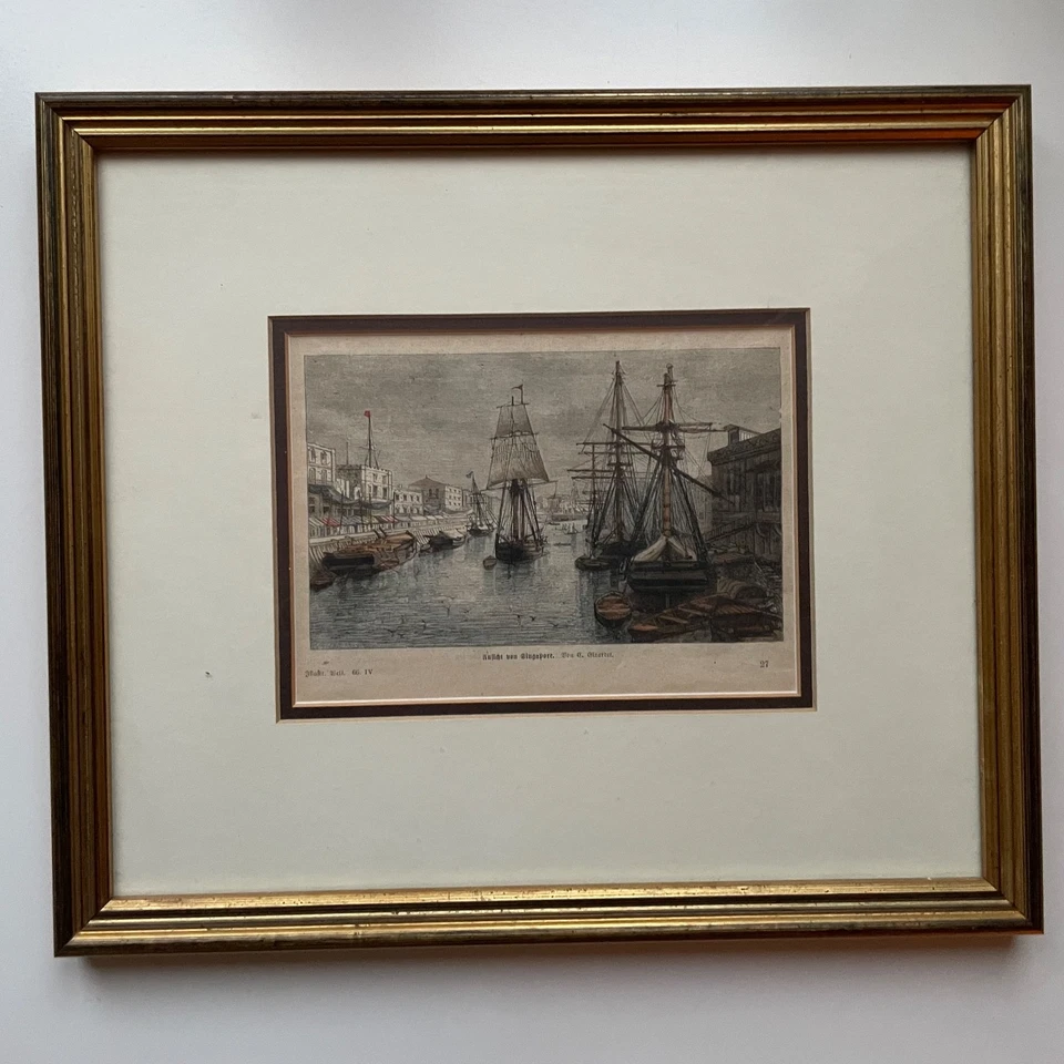 Handkolorierter Holzstich "Ankunft in Singapore" von Ben Girardet