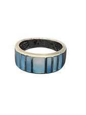 Blue mother of pearl inlay sterling silver wide band stripe ring sz 7.5 vintage