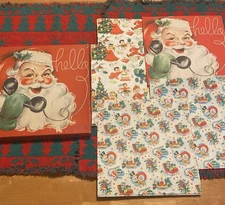 Vintage 1950s MCM Christmas Wrapping Paper Uncut WITH 10” Box Santa Hello - READ