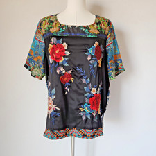 Johnny Was Workshop Silk Floral Embroidered Blouse Short Sleeve Multicolor Sz.M