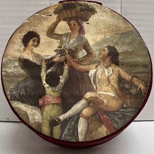 Red Velvet Round Collectible Box, Figurative People Art Lid, Zippered Closure