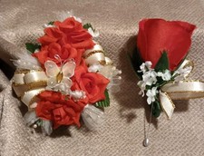 NEW 4.5" Artificial Red Rose Wrist Corsage Pearls, Butterfly Gold Bow Red Bout
