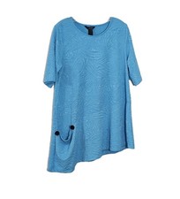 Ali Miles Tunic Top  Sz L Short Sleeve Pocket Aqua Textured Asymmetrical