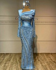 Long Sleeves Evening Dresses Pearls Beaded Crystals Sparkly Sequins Formal Gowns