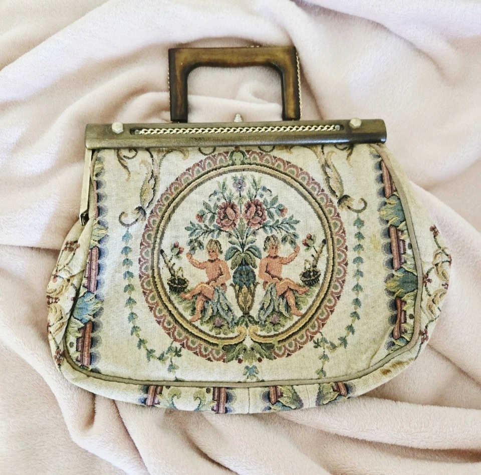 Cartera tapiz barroco querubín vintage años 50/60 hecha en ITALIA, madera, 13x9" Foto 2 de 4