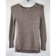 Athleta Waffle Knit Sweater Womens XS Taupe Brown Merino Wool Blend Side Slit