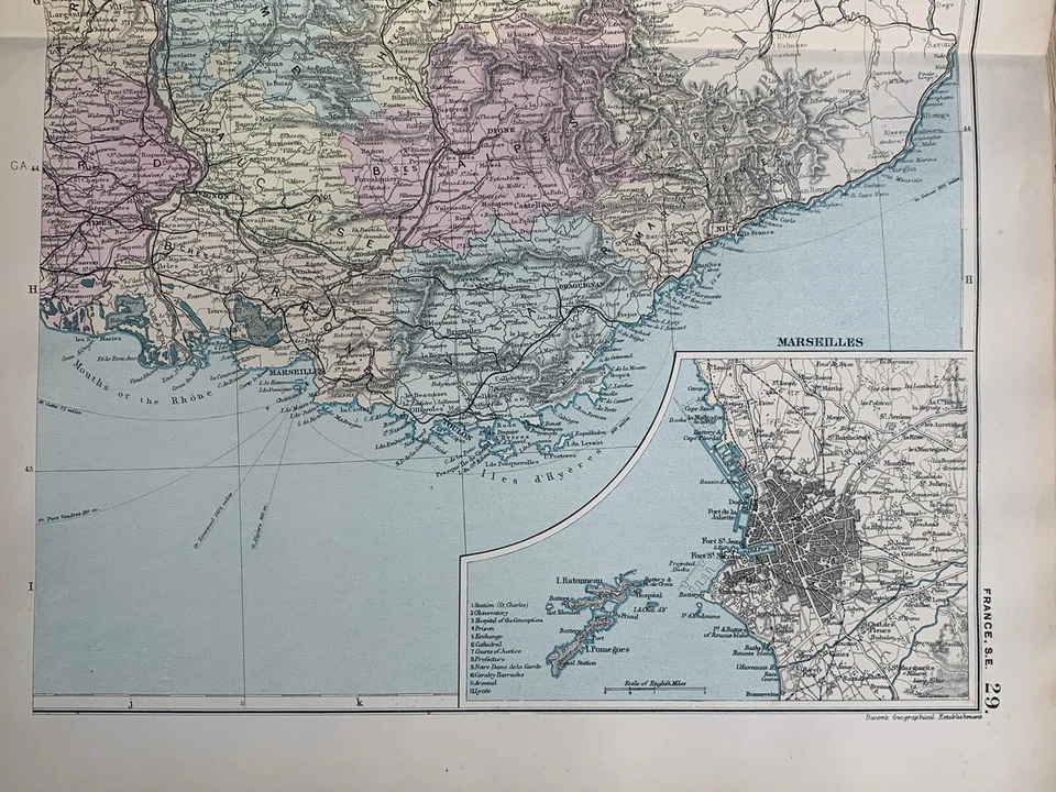 1891 South Of France Hand Coloured Original Antique Map by G.W. Bacon - Image 3 of 3