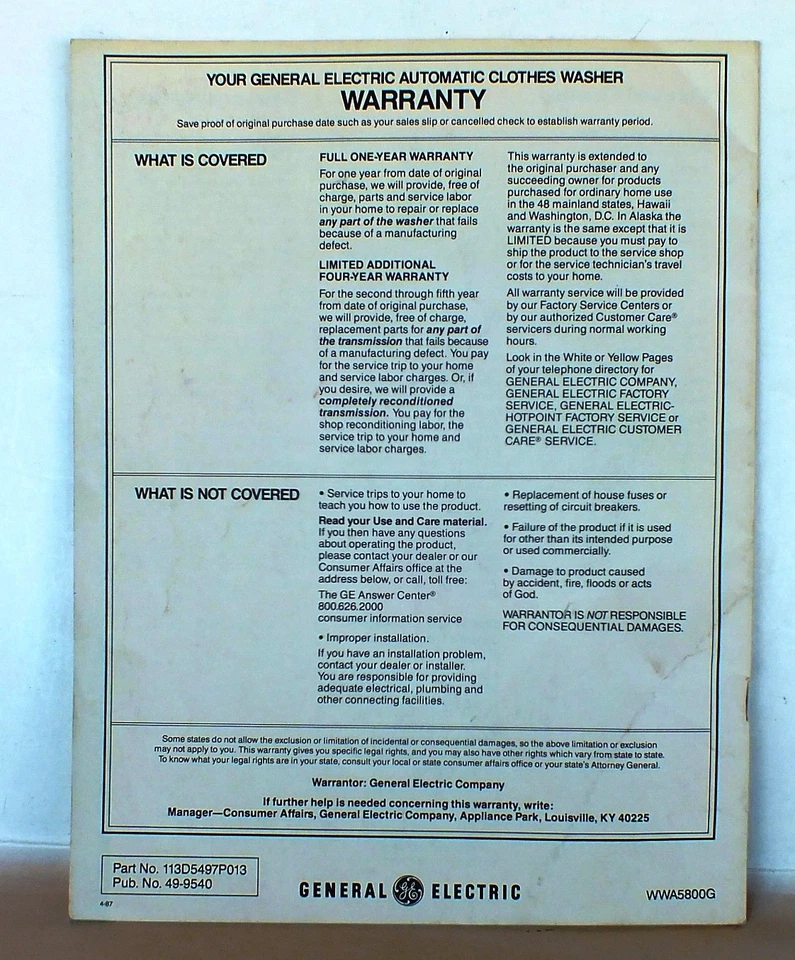 WWA5800G GE Washing Machine Owners Manual - Image 2 of 3