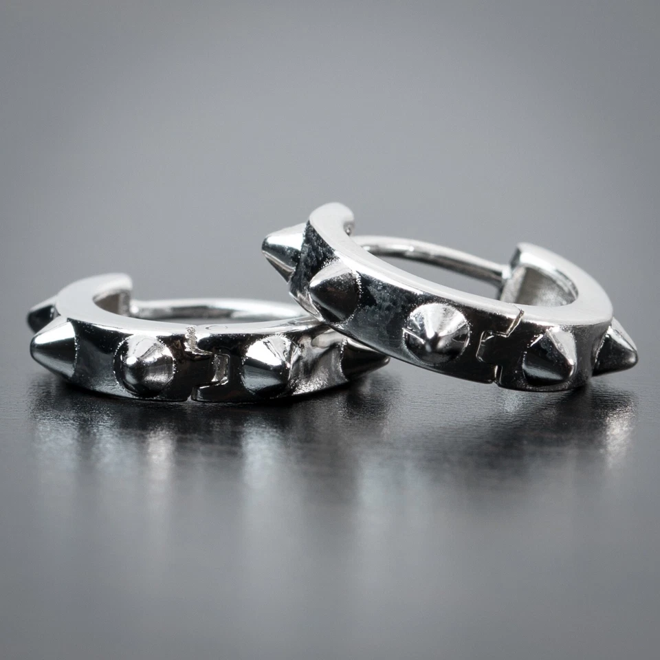 Solid 925 Sterling Silver Mens Small Punk Style Spike Thorn Huggie Hoop Earrings - Image 2 of 4