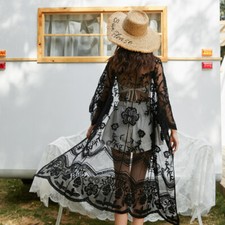 Womens Lace Embroidered Long Open Front Cardigans Top Fashion Beach Cover Ups