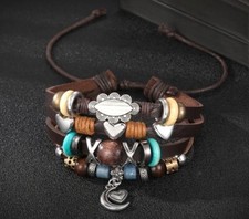 Brown Leather Beaded Charm 7" Plus Adjust Tie Bracelet New Free Ship B2924