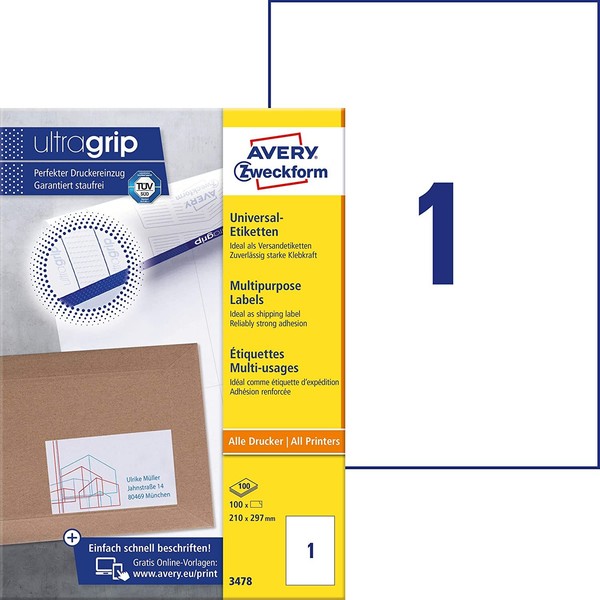 Avery Zweckform 3478 Universal Etiketten (100 Klebeetiketten, 210X297Mm, Papier-image