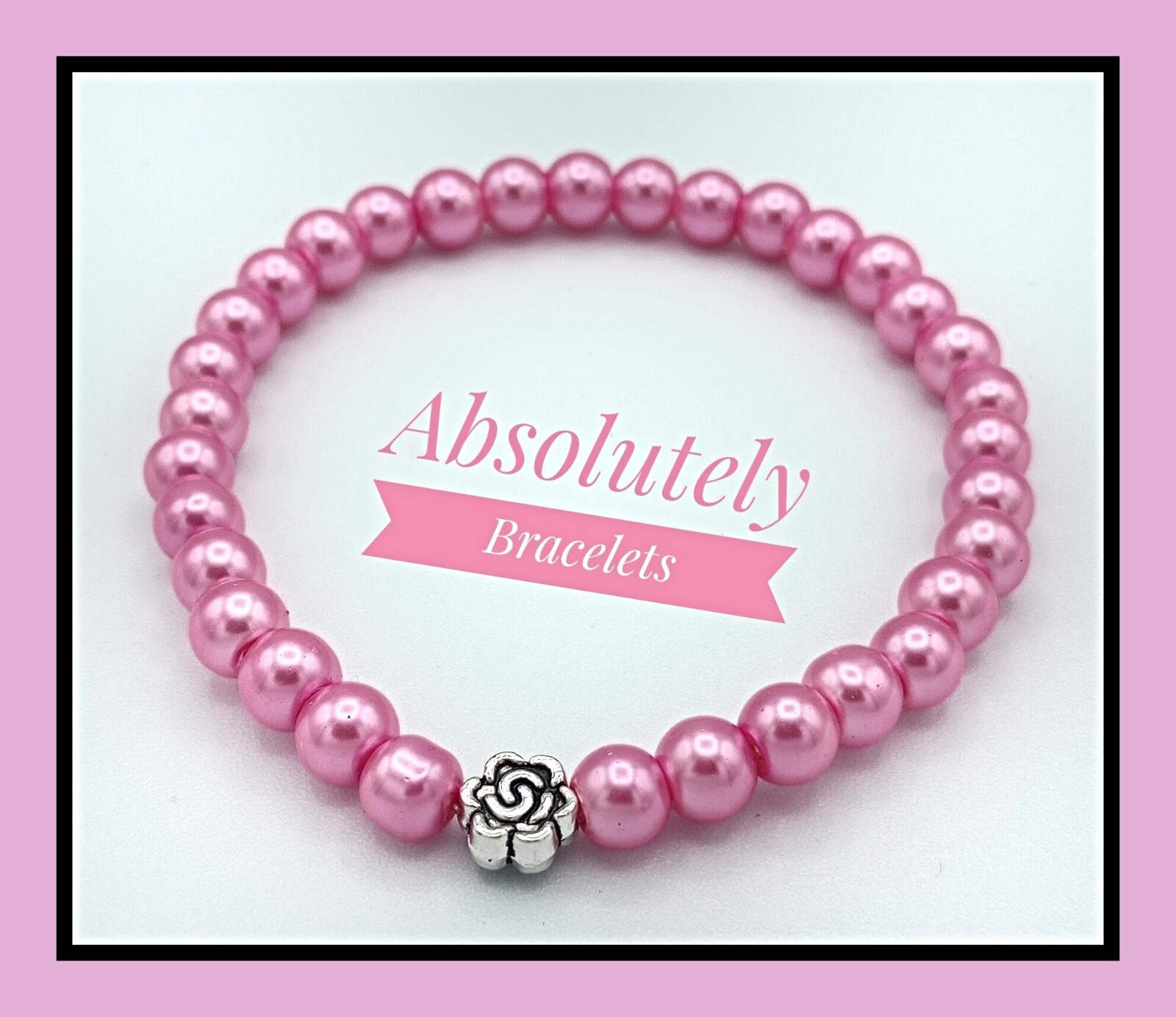 Stretch Elastic Pink Glass Pearl 6mm Tibetan Flower Beaded Bracelet Gift for Women  