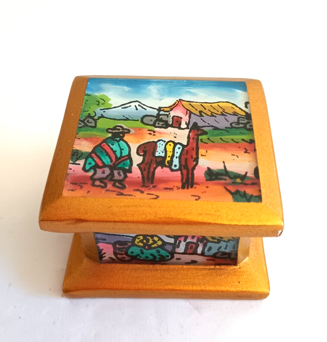 Wooden 2"x2" Box Peruvian Reverse Painting Small Trinket Box Ring Box