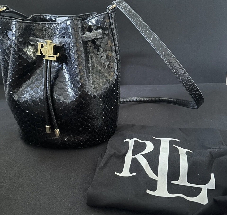 Lauren Ralph Lauren Black Python Embossed Medium Andie Drawstring Bag ...