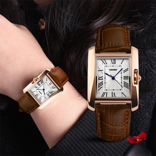 Orologio Donna Skmei Quadrato Oro Rosa Numeri Romani Cinturino Vera Pelle Marrone - Foto 9 di 9