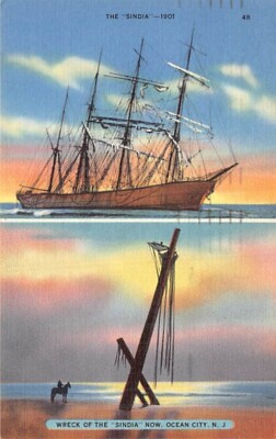 Postcard NJ: Wreck of The Sindia, Ocean City, New Jersey, Vintage Linen 1956