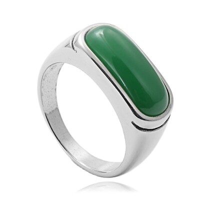 Men Women Retro Green Stone Ring Stainless Steel Classic Wedding Ring Size 7-13