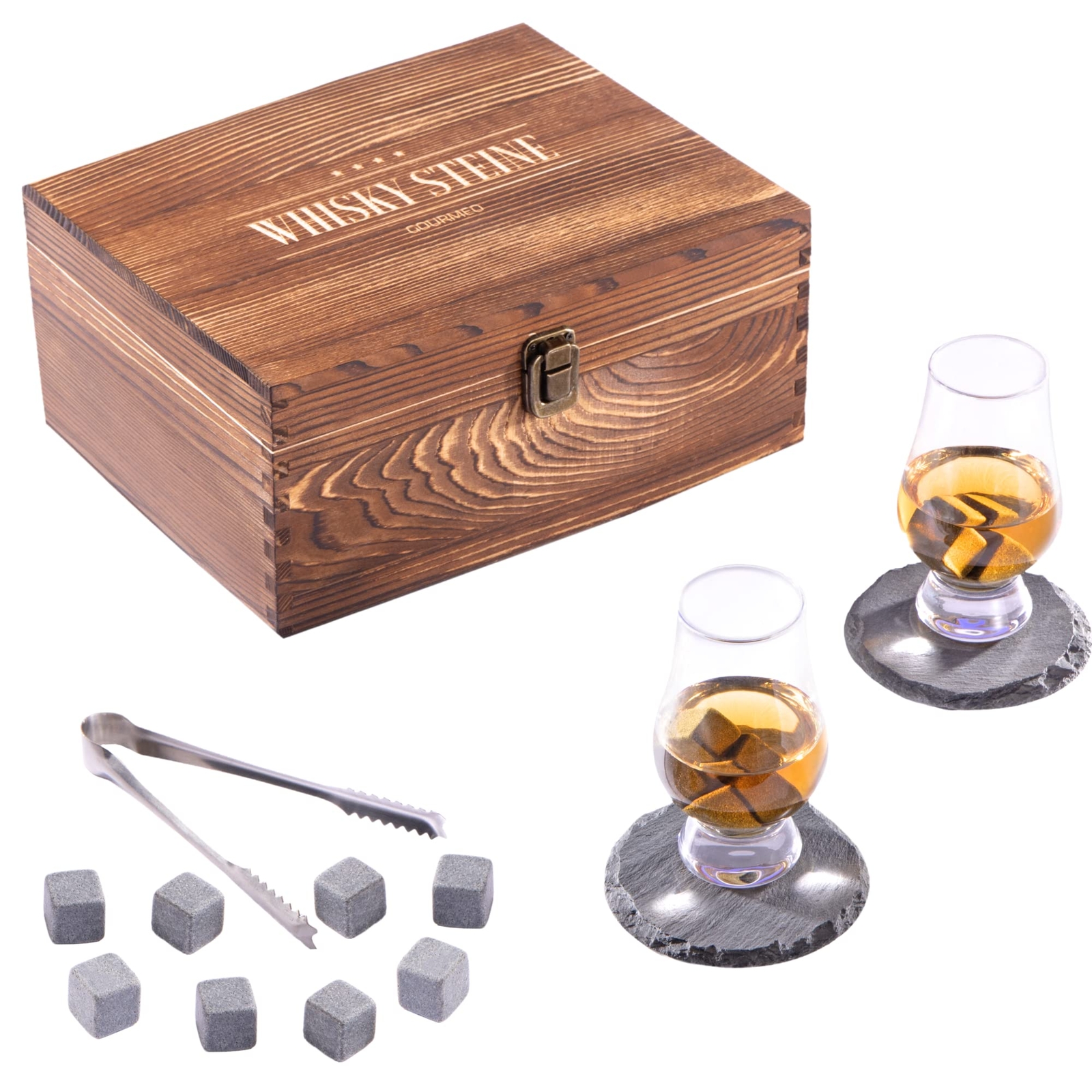 GOURMEO Whisky Stein Geschenkset - Set aus 2 Tulpen Whiskey Gläsern mit 8