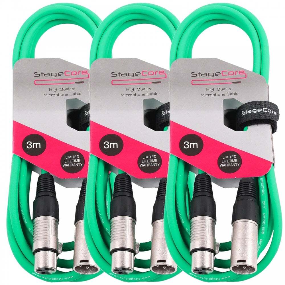 3 x 3M Green XLR Male to Female Microphone Lead & Audio Signal Cable Pack