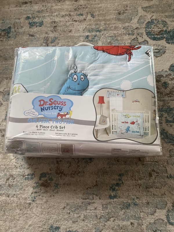 1 Fish 2 Fish 4pc Crib Bet Set, Quilt, Crib Skirt, Fitted Sheet & Blanket New!
