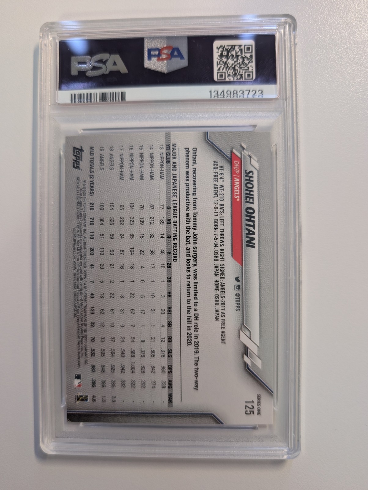 2020 Topps Shohei Ohtani #125 PSA 8 NM-MT Los Angeles Angels Baseball Card view 2