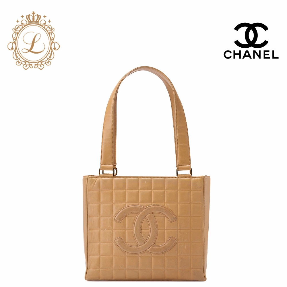 Chanel Shoulder Bag Tote Chocolate Bar Lambskin Beige Gold Hardware Brand Used