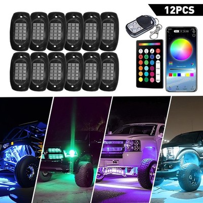 RGB LED Rock Lights Wireless Underbody APP Music Chasing ATV Offroad 12V 12 Pods