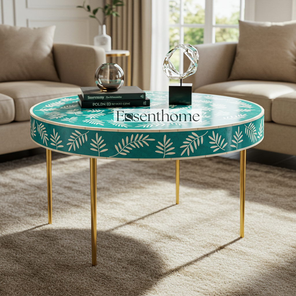 Essenthome Handmade Green Bone Inlay Round Coffee Table with Floral Design