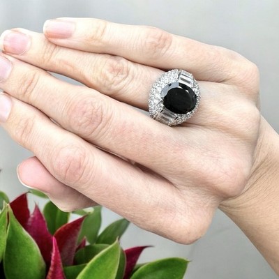 Gothic Deco Style Black Faceted Glass Pavé Cocktail Stainless Silver Ring Sz 6