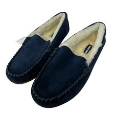 Lands' End Women's 6 Blue Suede Faux Fur Lined Moccasin Slippers House Shoe NWT