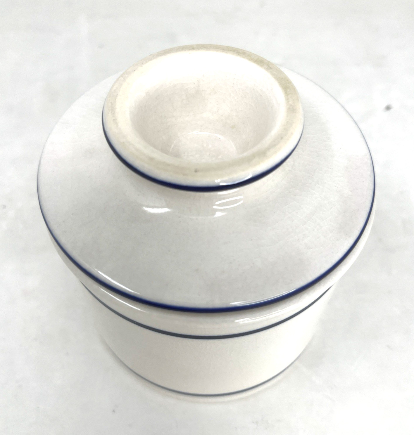 French Country White Blue Butter Bell Keeper Crock Stoneware Pottery Vintage