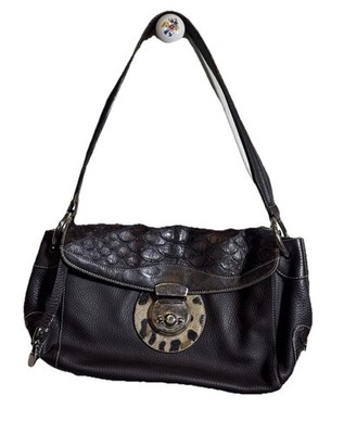 Vintage Puntotres Brown Animal Print Accent Shoulder Bag Flap  Metal Hardware