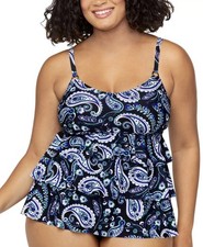 Island Escape Plus Size Printed 3-Tiered Bandini Tankini Black Multi, Size-18W