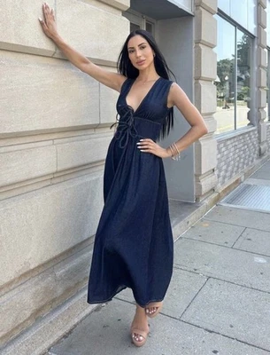 Maxi Deep V Neck Sleeveless Casual Denim Wrap Dress Womens Size 6 Blue M - Image 1 of 4