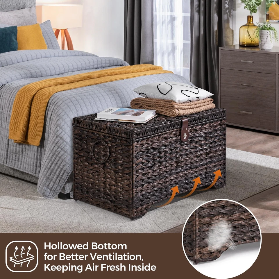 Handwoven Storage Basket with Lid, 165L Plastic Rattan Storage Bin, Leather B... - Image 3 of 4