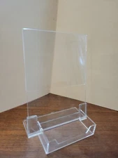 Sign Holder Slant Back Display 5"x7" w Business Card Holder Clear Acrylic 2 part