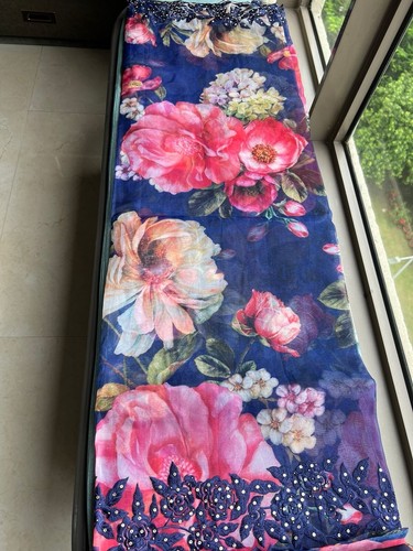Saree Floral Saree Organza Saree Blue Saree Blouse - 第 1/7 張圖片
