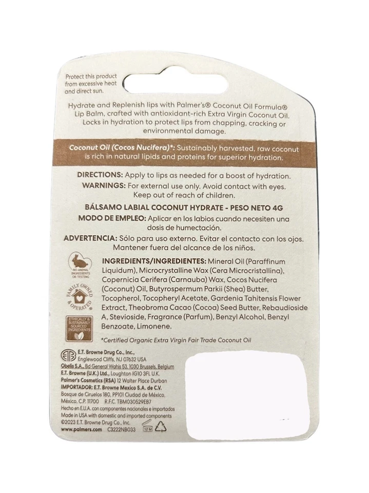 Palmer's 椰子油配方润唇膏含维生素 E 24 小时保湿,3 包 — 第 2/3 张图片
