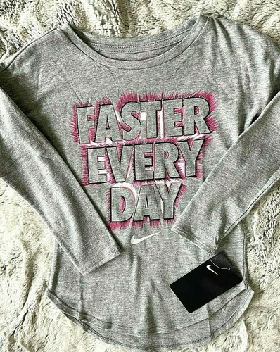 NEW Nike long sleeved Grey Pink White "Faster Every Day" T SHIRT top 4 girls NWT - Picture 3 of 8