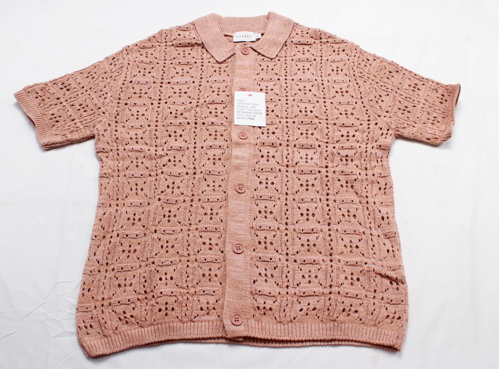 Topman Men's Knitted Pointelle Button Through Shirt DP3 Pink Medium NWT